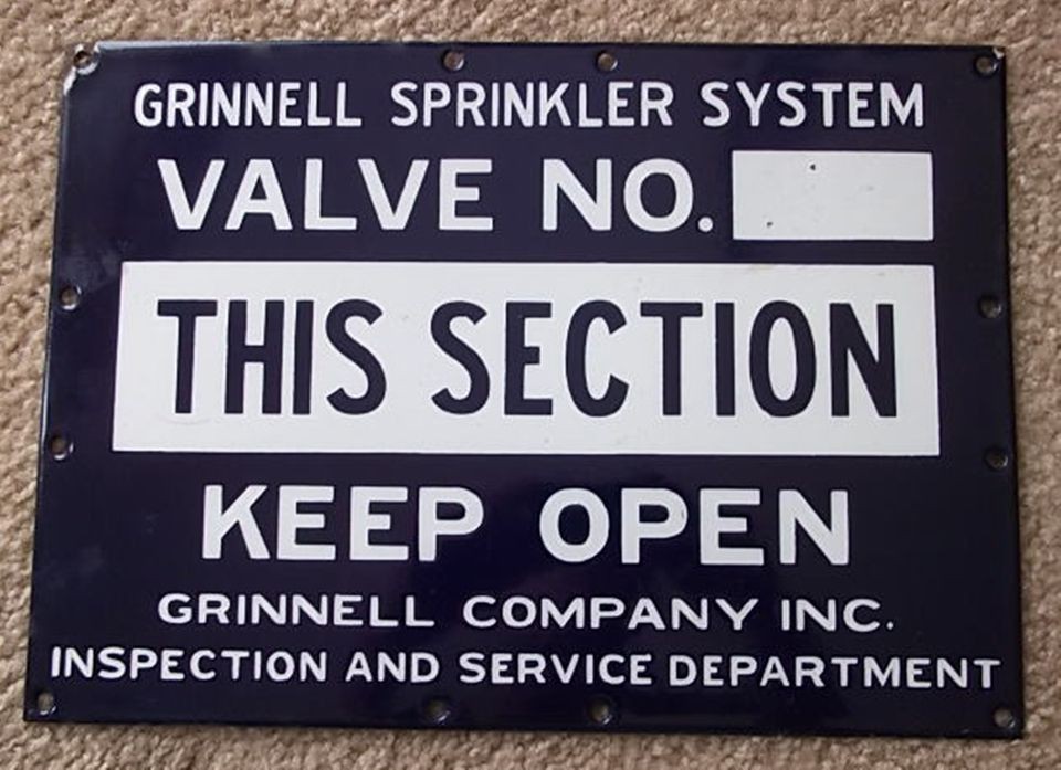 GRINNELL PORCELAIN FIRE SPRINKLER VALVE SIGN VINTAGE