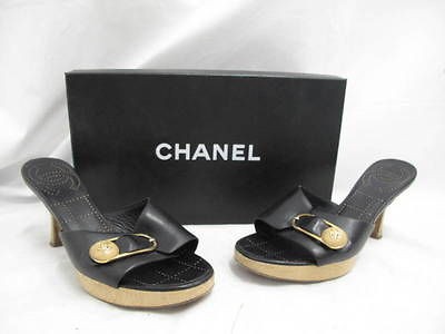 Chanel Black Leather Slip On Wood Platform Heels 35