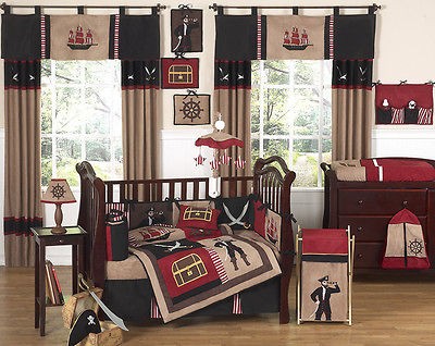 SWEET JOJO DESIGNS PIRATE SHIP NAUTICAL 9p BABY BOY CRIB BEDDING SET 