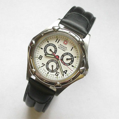 225 GENTS 40MM WENGER WHITE/BLACK DIAL SS 100M POINTER CALENDAR 