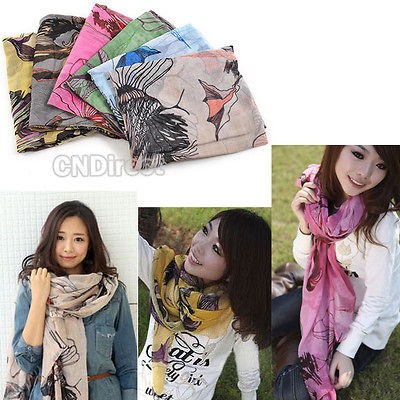 Women Lady soft series Begonia Voile Ink flower chiffon Cotton Shawl 