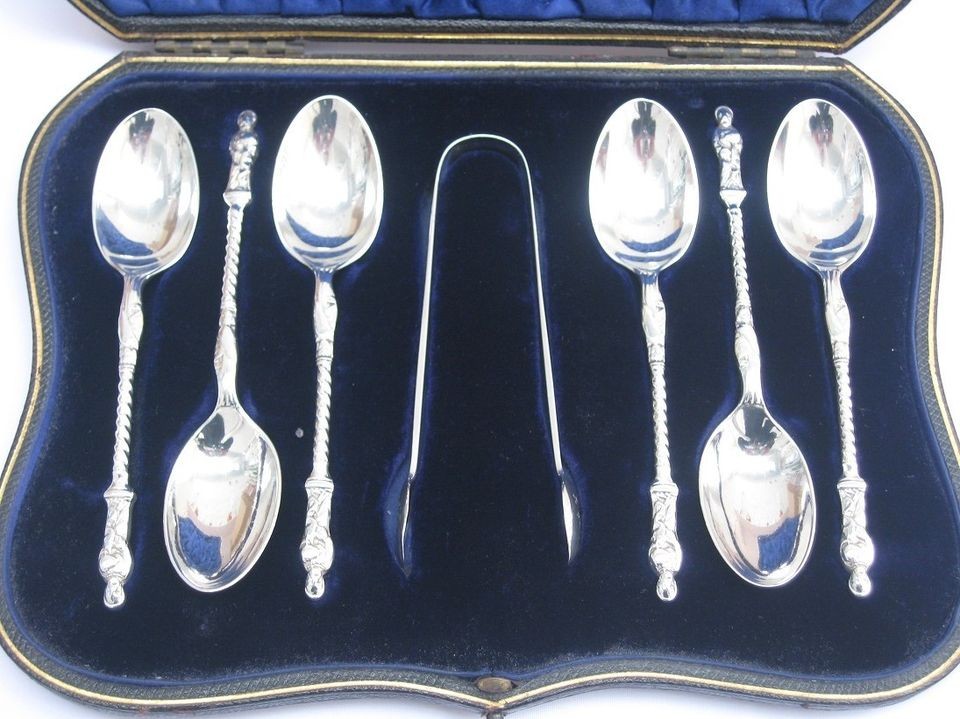   Cased, Sterling Silver Apostle Spoon,Tongs Set William Hutton Lon