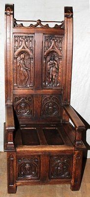 BELGIAN CARVED WALNUT KNIGHTS CHAIR, H 66, W 27, L 22Carved 