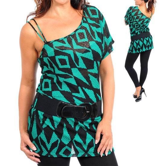   2X 3X Asymmetrical Black Elastic Belt Geometric Print Blouse Turquoise