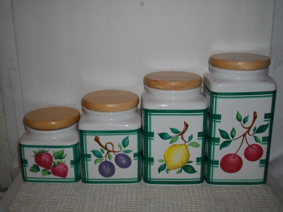 FRUIT CANISTER SET BY LILLIAN VERNON~WOODEN LIDS~GRAPE CHERRY LEMON 