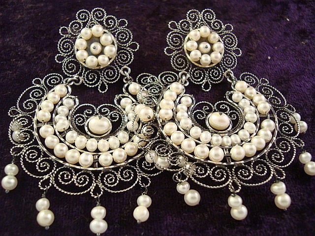   MEXICAN STERLING SILVER BEADED BEAD PEARL FILIGREE EARRINGS MEXICO
