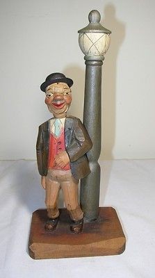 Old Vintage Anri Carved Wood Bar Set/Drunk by Lamp Post/Bottle Opener 