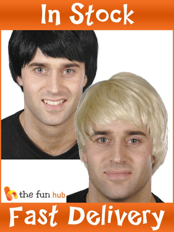 MENS GUY BOY BAND 60S 70S 80S SHORT BLONDE BLACK WIG FANCY DRESS