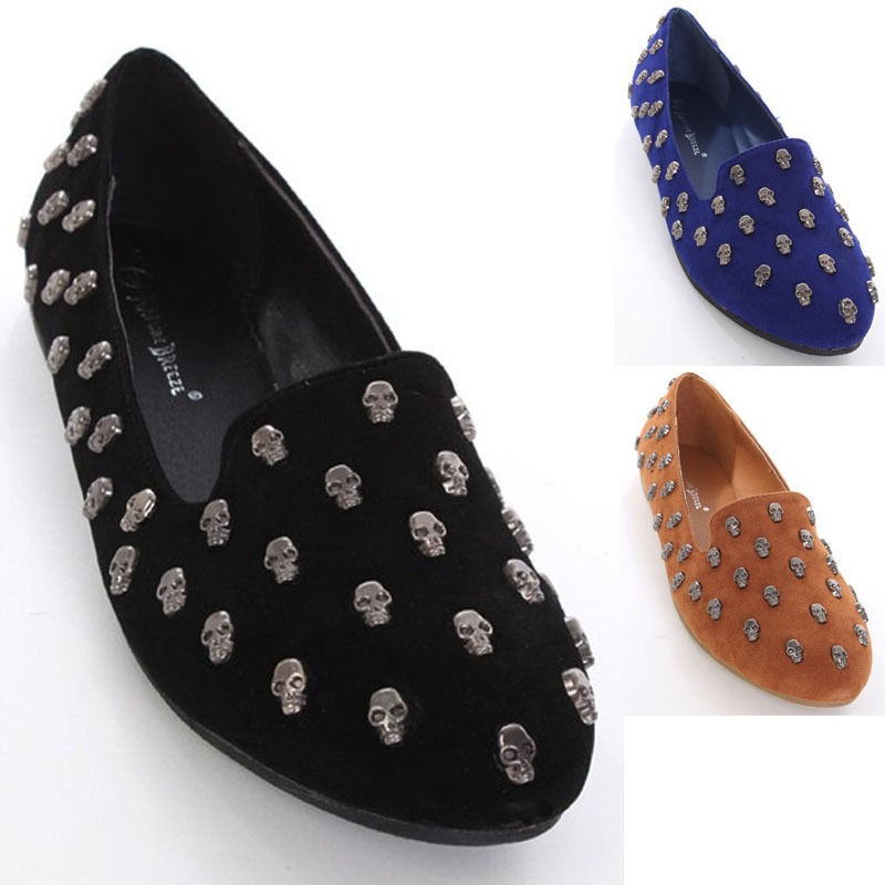 Womens Shoes Studded Skull Loafers Ballet Flats Black Blue Tan Size