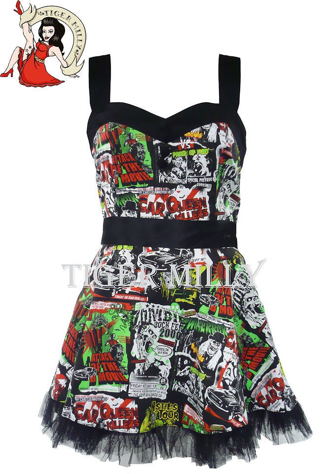 HELL BUNNY new B MOVIE CARTOON MINI DRESS Size 8 16