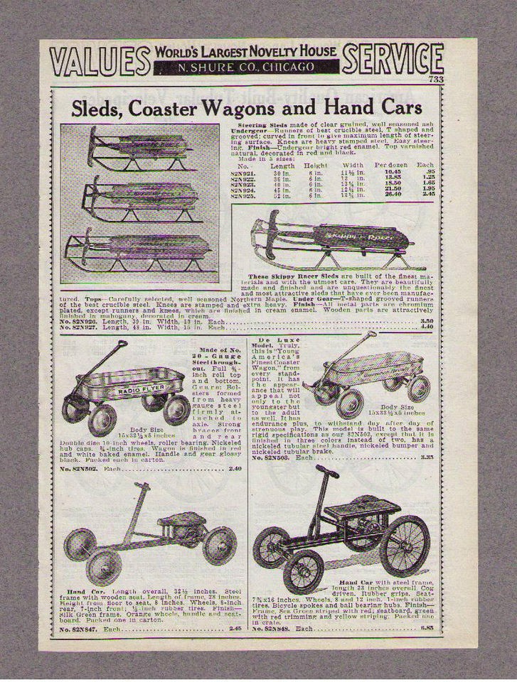 1933 AD SLEDS, RADIO FLYER COASTER WAGONS HAND CARS, TUBULAR 