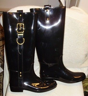 Coach Black Shinny Tasha Decorative Buckle Rain Boots 9 Medium NIB