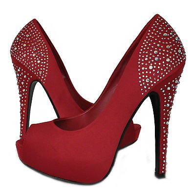 Dark Red Satin Rhinestone Peep Toe Platform Pumps Delicious Joy