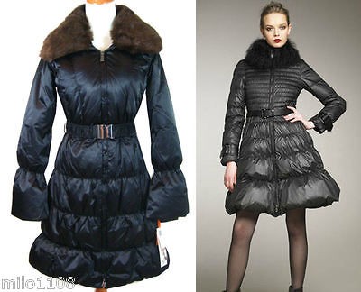 NWT $295 HAWKE & CO BLACK BELTED SATIN FAUX FUR LONG DOWN COAT PUFFER 