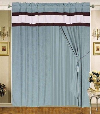 AQUA BLUE BEIGE CURTAIN MICRO SUEDE PANEL VALANCE NEW