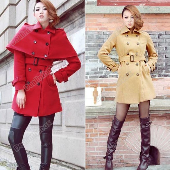 Elegant Double Breasted Cape Trench Wool Blend Coat Jacket 2 Sizes 