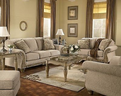 Ashley Traditional Sofa, LoveSeat, Chair & Marble Tables 6 Piece 