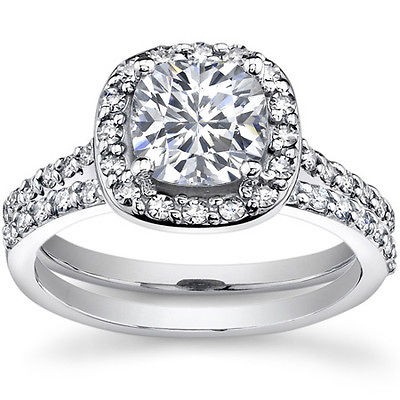   Cushion Cut Genuine Diamond Engagement Bridal Ring & Band Set 14k W G