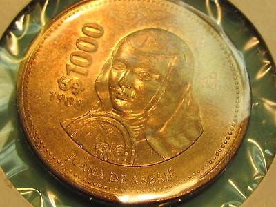 1000 PESO UNCIRCULATED JUANA De ASBAJE LARGE BRONZE MEXICAN COIN 1988 