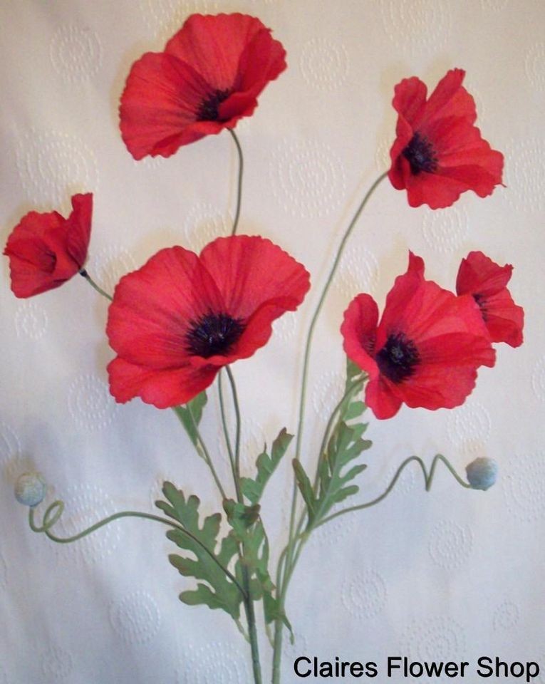 23 FLAME RED POPPY SILK FLOWER STEM ARTIFICIAL