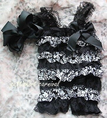 Baby Girls Black Demask Satin Lace Rompers Romper Bow Headband 2pc Set 