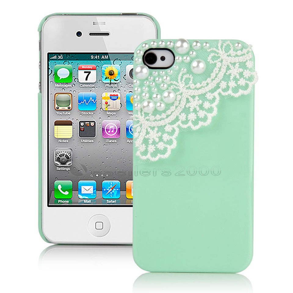 Luxury Mint Green Pearl Lace Hard Cover Case For iPhone 4 4S w/ Screen 