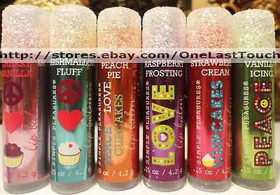 SIMPLE PLEASURES Lip Balm~PEACE+LOV​E+CUPCAKES~Gli​tter Caps~*YOU 