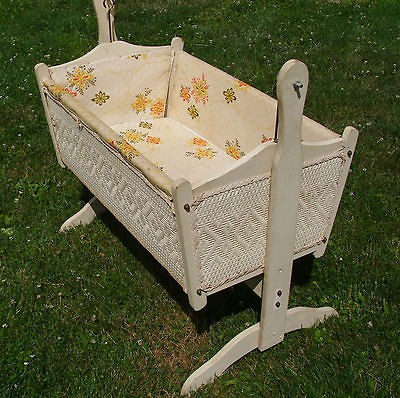 Vintage Wicker And Wood Baby Cradle Rocking   By Badger Basket Co.