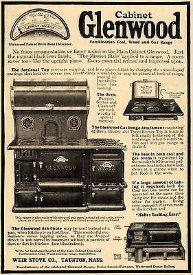 1910 Ad Weir Stove Co. Cabinet Glenwood Coal Gas Oven   ORIGINAL 