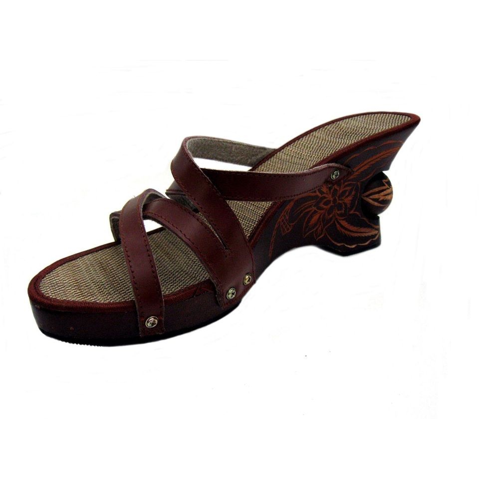 BALI Artisan Carved Wooden Wedge Platform Strappy Leather Sandals 