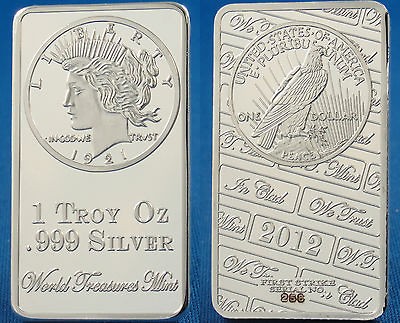 Troy Ounce Bar .999 Silver Clad Bullion EAGLE PEACE DOLLAR Coin 