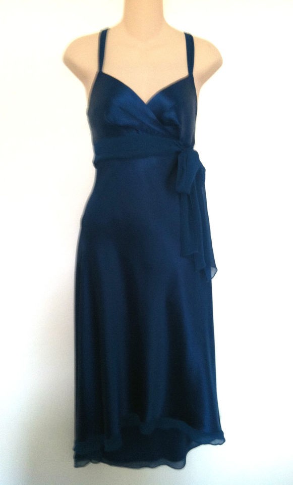 BCBG Max Azria Teal Silk Satin Dress with Chiffon Tie. Size 8