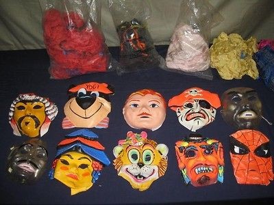 LOT OF VINTAGE HALLOWEEN PLASTIC MASKS + COSTUMES COLLEGEVILLE COOPER