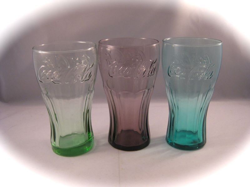 Coca Cola Set of 3 Soda Fountain Beverage Drink Glasses Green Blue 