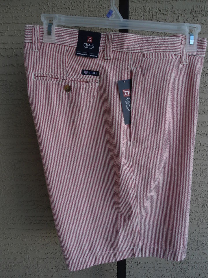 NWT $49. MENS CHAPS STRIPED SEERSUCKER WALKING SHORTS RED & WHITE 38 