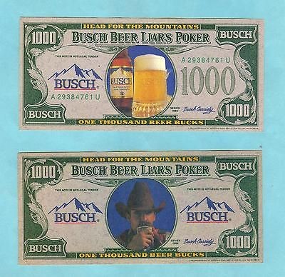 BUSCH BEER LIARS POKER $1000 DOLLAR BILL** Series 1986