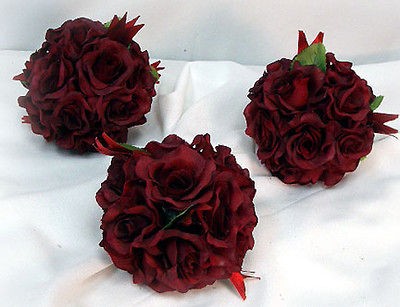 WINE BURGUNDY ROSE KISSING BALLS Pew Bow Wedding Silk Flower Girl 