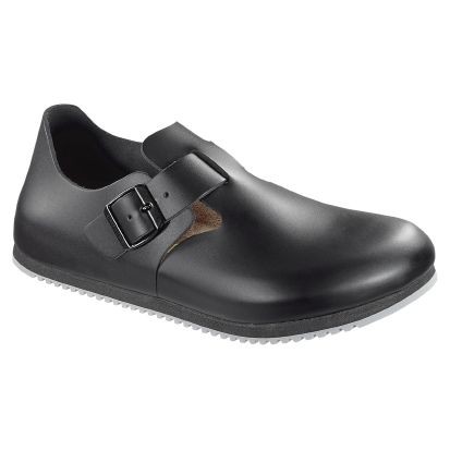 Birkenstock London Black Smooth Leather Supergrip Clogs Regular Fit 