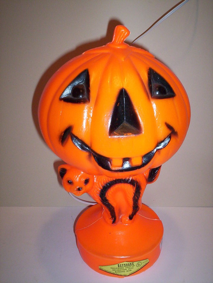 Vintage Halloween Bayshore Blow Mold Jack O Lantern on Blk Cat Decor 