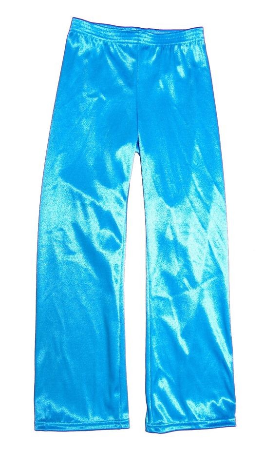 Girls Shiny Blue Nylon Dance Pants, Bell Bottom Flares, Jazz Tap Funk 