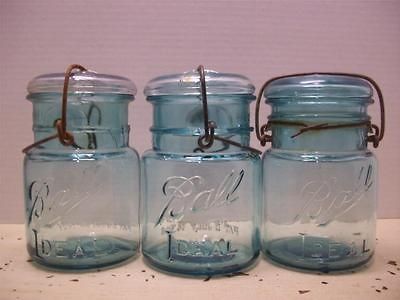 ANTIQUE BLUE BALL MASON JARS   BALL IDEAL  1908 WIRE BAIL JARS  SET OF 