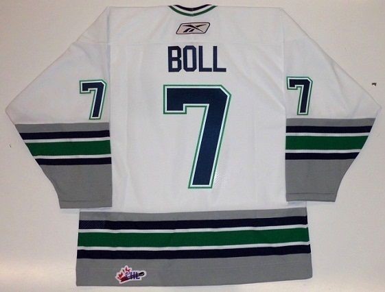 JARED BOLL PLYMOUTH WHALERS RBK WHITE JERSEY BLUE JACKETS