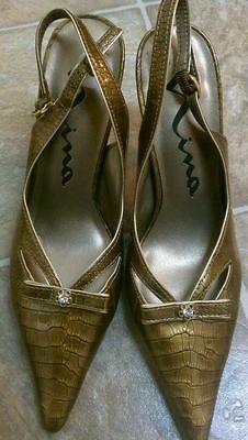 Nina patent dark gold slingback mules pointed toe patent 8M