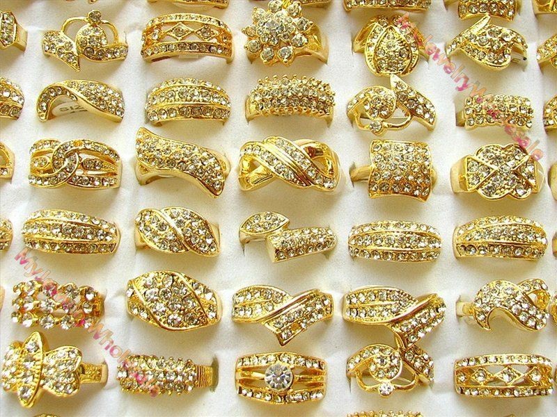   jewelry mix lots 10pieces crystal Rhinestone plated 24k Gold Rings New