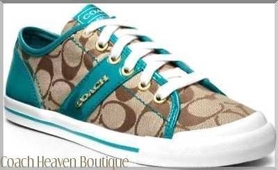 NEW COACH WOMANS Fillmore Signature Stripe Sneakers Khaki Teal Folly 9 