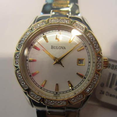 BULOVA JAPAN LADYS WATCH QUARTZ DIAMOND ALL STAINLESS.S TWO TONE 