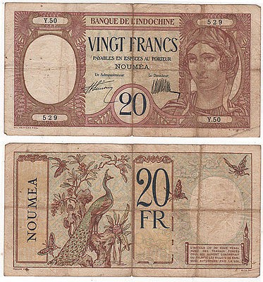 FRANCAIS NOUVELLE CALEDONIA NOUMEA 20 FRANCS c.1926 BANQUE DE L 