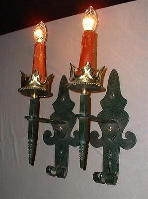 LARGE FRENCH WROUGHT IRON SCONCES MEDIEVAL GOTHIC LOOK 2 pairs 