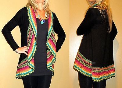 Cozy MOUNTAIN HOME colorful crochet trim STUNNING WRAP CARDIGAN S M L