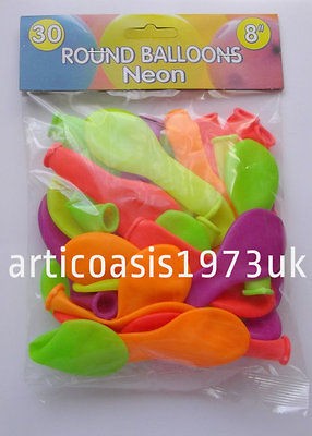 30 x Bright NEON 8 Round Balloons   Retro 80s or Kids Birthday Party 